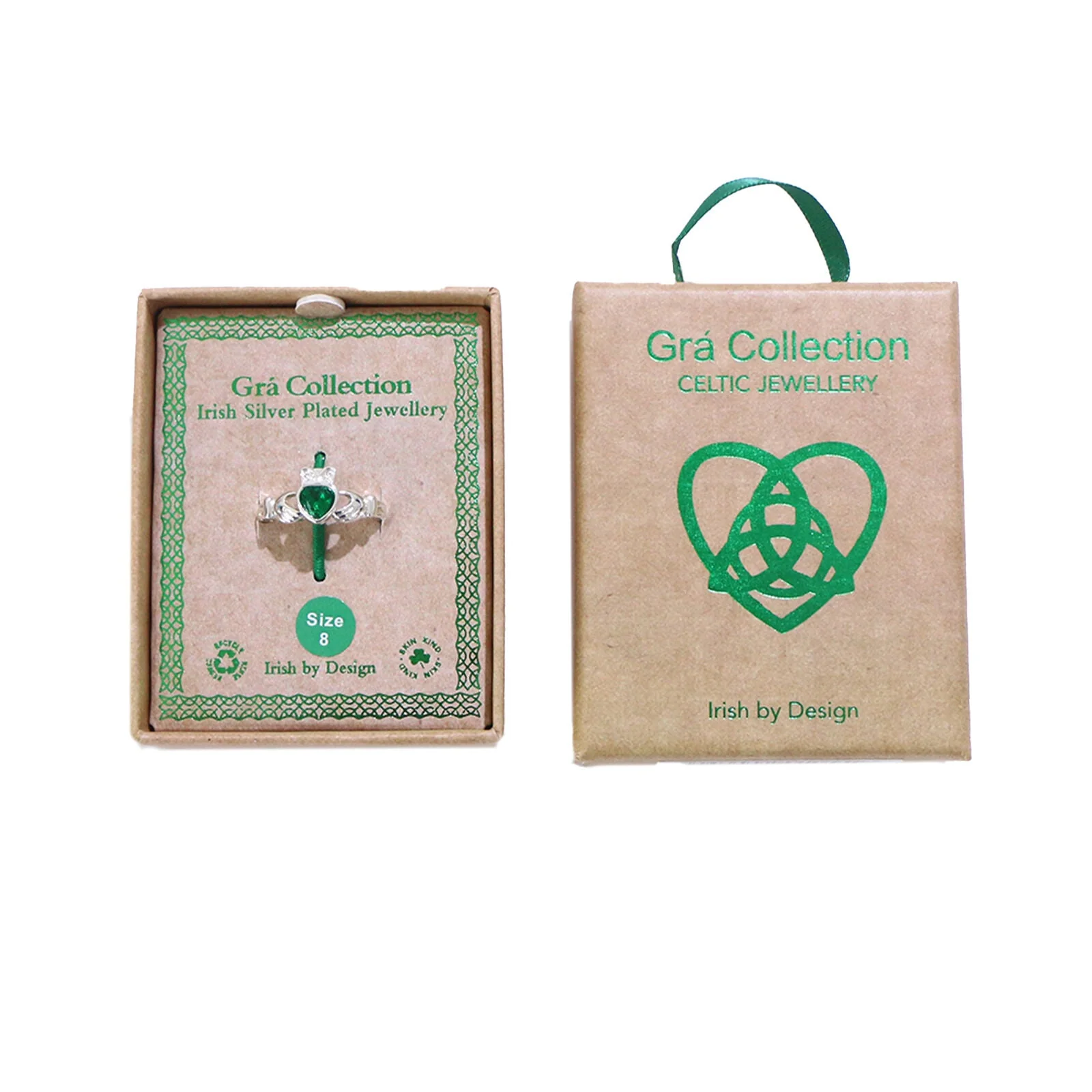 Gra Silver Plated Claddagh Ring Green CZ - Image 3